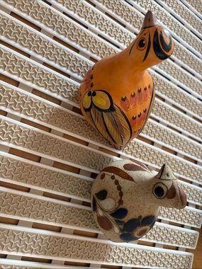 Hand-Painted Mexican Ceramic Bird Figurines Orange & Speckled Beige - Signed